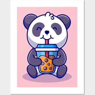 Cute Panda Drinking Boba Milk Tea Cartoon Posters and Art